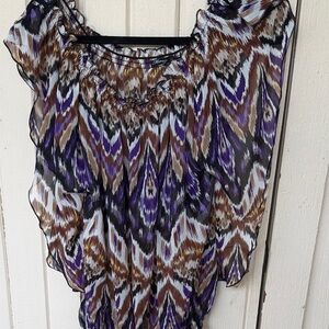 Sheer Printed Peasant Top in Purple and Brown